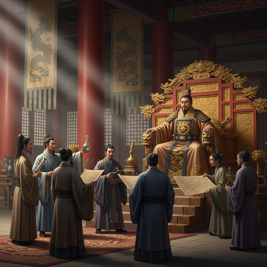 불로불사 A realistic, historical illustration of an ancient Chinese emperor, possibly Qin Shi Huang, sitting on a grand throne, looking determined. In front of him, a group of scholars or alchemists present him with various scrolls and elixirs. The scene is rich in detail and reflects an ancient, powerful setting. No text on the image.