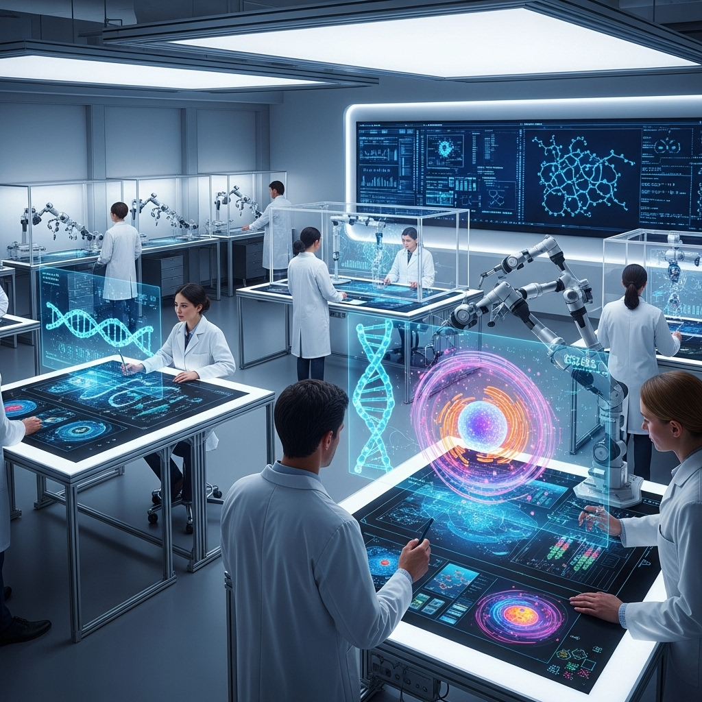 A futuristic laboratory setting with scientists in lab coats examining glowing DNA helix models and complex holographic displays showing cellular structures. The atmosphere is clean, bright, and highly advanced. No text on the image.