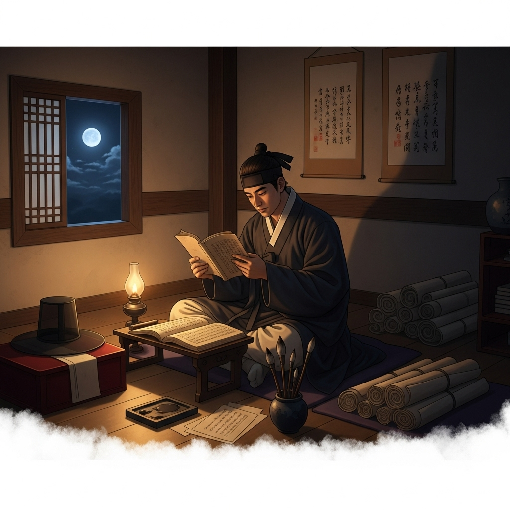 주경야독 An ancient Korean scholar, dressed in traditional clothing, reading a book by the light of a small lamp at night. Outside a window, the moon is visible. The scene should evoke a sense of quiet dedication and learning. The scholar is focused, with scrolls and writing tools nearby.