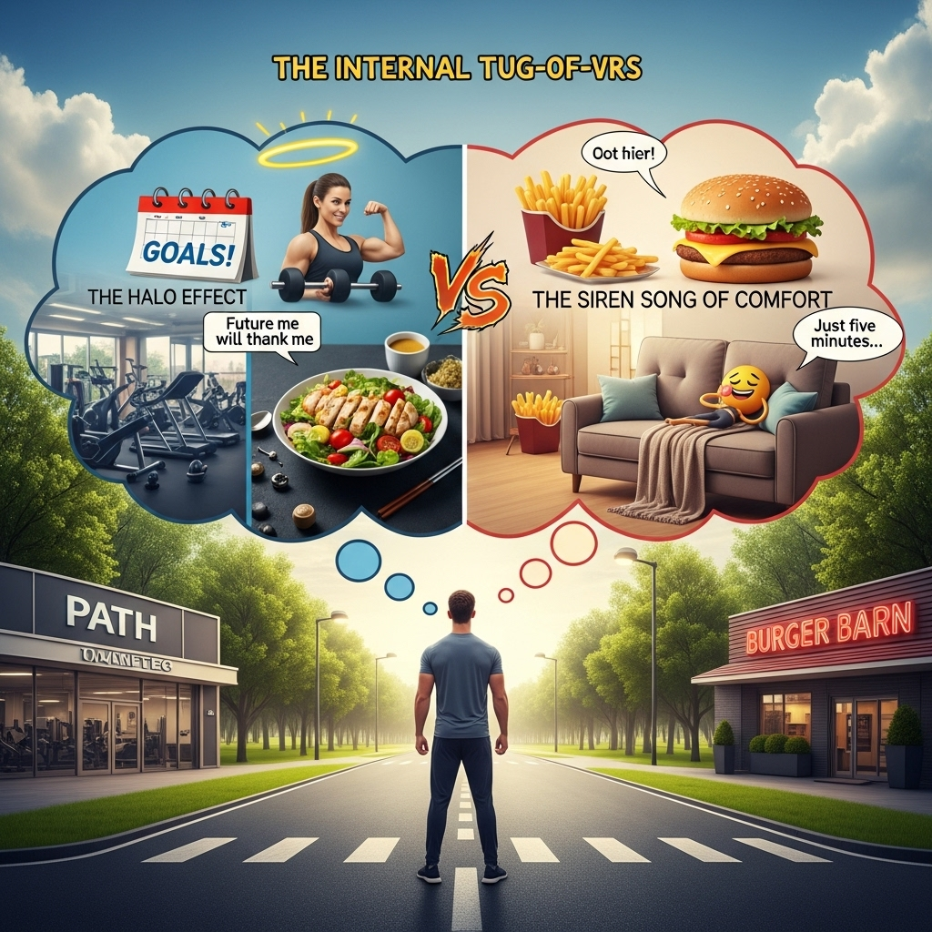 모순 A person stands at a crossroads, with one path leading to a healthy salad and a gym, and the other to a tempting fast food burger and a comfy sofa. Thought bubbles above their head show conflicting desires and choices, depicting an everyday struggle with contradiction.