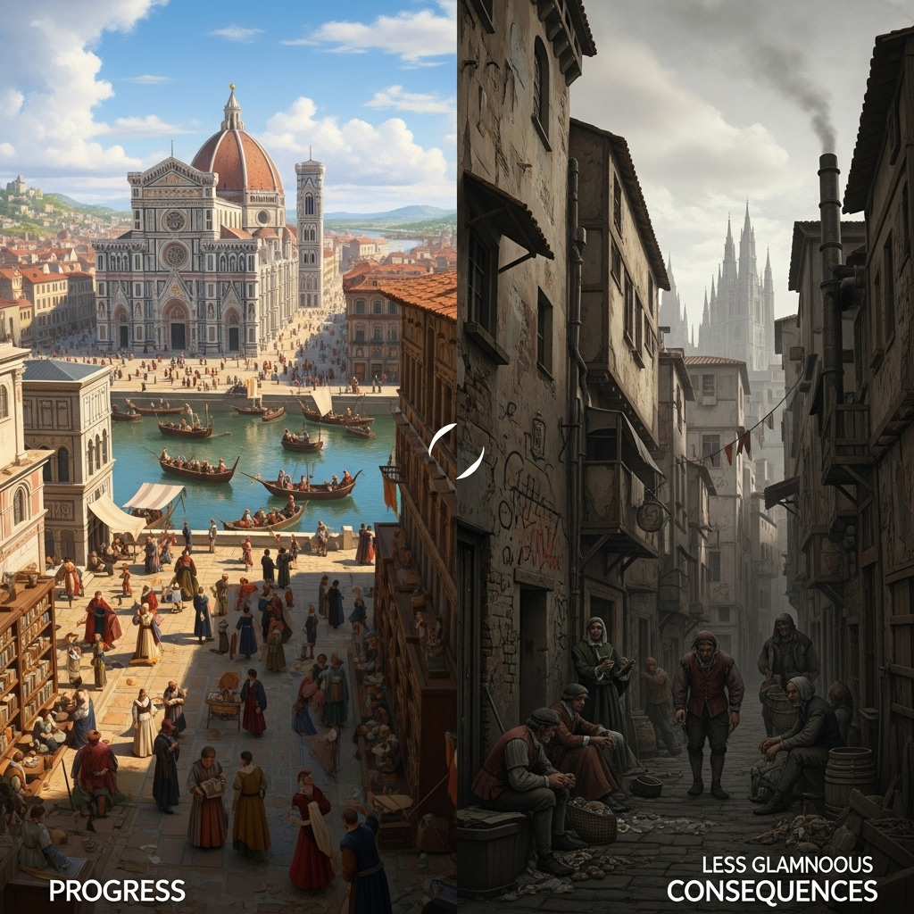 모순 A split image depicting historical contradictions. On one side, a grand, majestic architectural achievement (e.g., a bustling Renaissance city or a thriving industrial factory) symbolizes progress. On the other side, a subtle, desaturated depiction of the less glamorous consequences, like impoverished workers or polluted landscapes of the same era, hints at the underlying societal tensions.