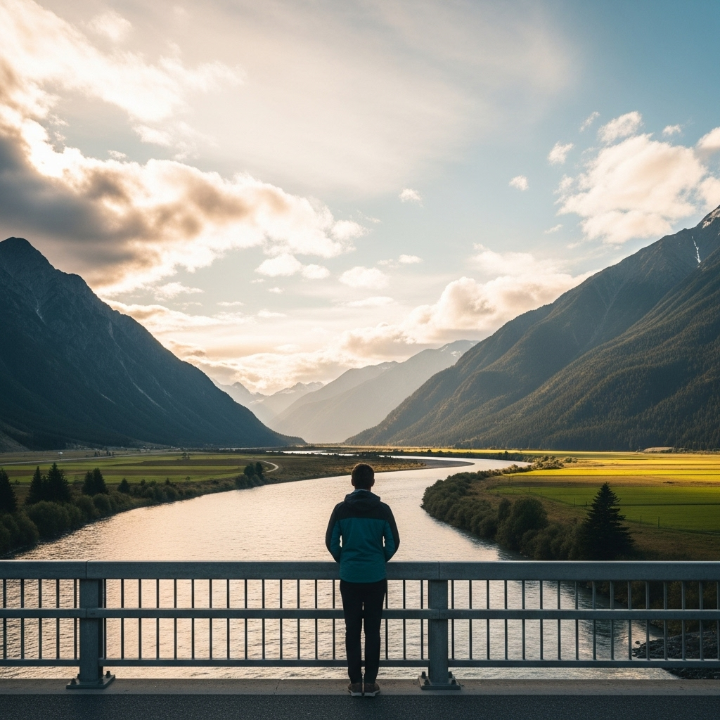 모순 A person stands on a bridge, looking thoughtfully at a landscape where two distinct, opposing natural elements (e.g., a calm, flowing river on one side and a rugged, mountainous terrain on the other) coexist in harmony under a balanced sky. The scene conveys a sense of contemplation and finding balance in contrasts.