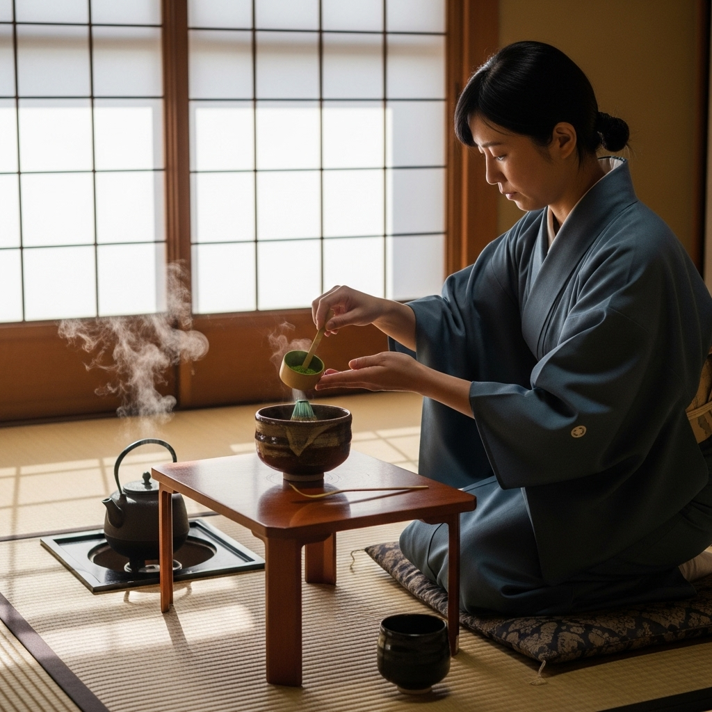 일기일회 A serene teahouse scene with a minimalist Japanese aesthetic, light filtering through paper screens, a single tea bowl, and a person in traditional clothing carefully preparing tea. The atmosphere is calm and reflective, conveying a sense of mindfulness and the present moment.