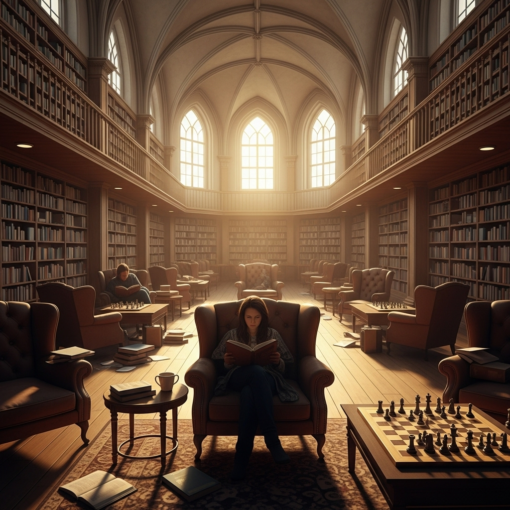 덕불고필유린 A serene, beautifully lit library with various books, a person reading peacefully in a cozy armchair, surrounded by a subtle aura of wisdom and community. The scene conveys warmth and the presence of good company without explicitly showing many people.