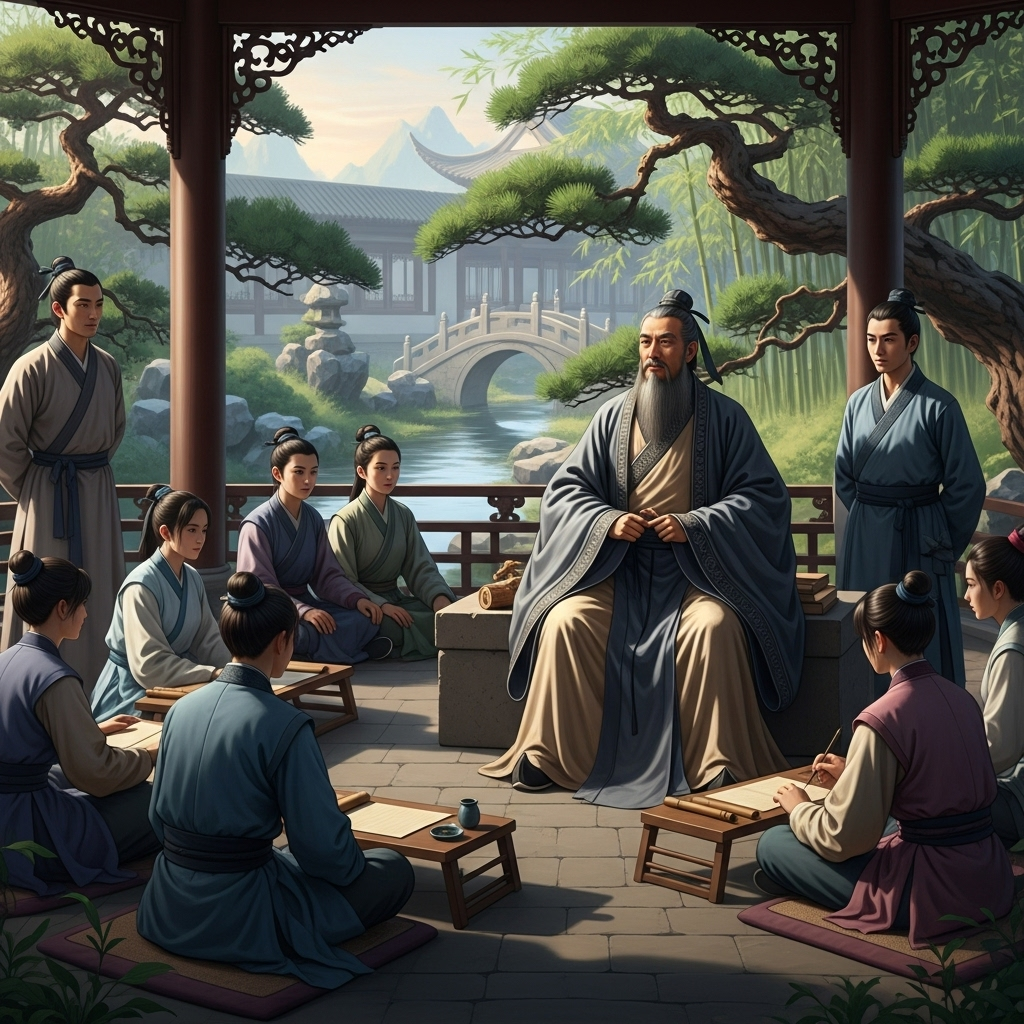 덕불고필유린 An ancient Chinese scholar, resembling Confucius, standing in a traditional garden, surrounded by a few attentive students. The atmosphere is calm and respectful, emphasizing wisdom and learning.
