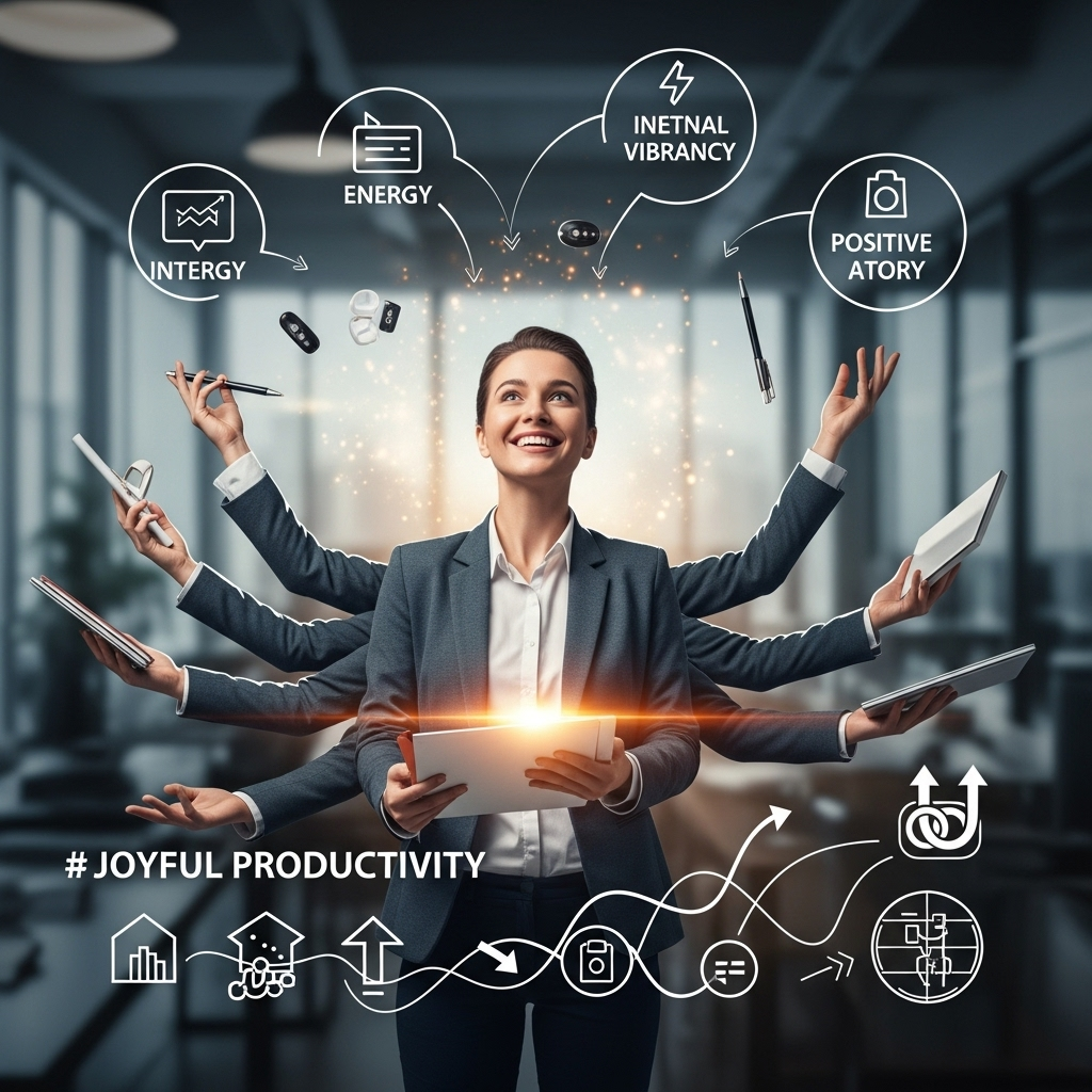 지지자불여호지자 A person happily juggling multiple tasks with a bright, energetic expression, surrounded by a subtle glow. The background is a modern, clean office space with abstract elements suggesting efficiency and joy in work. No text on image.