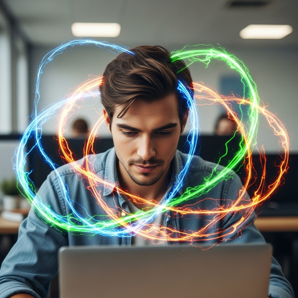 지지자불여호지자 A person engrossed in their work at a desk, surrounded by a vibrant, flowing energy. Their face shows deep concentration and a subtle smile, indicating joy in the task. The background is a blurred office environment.