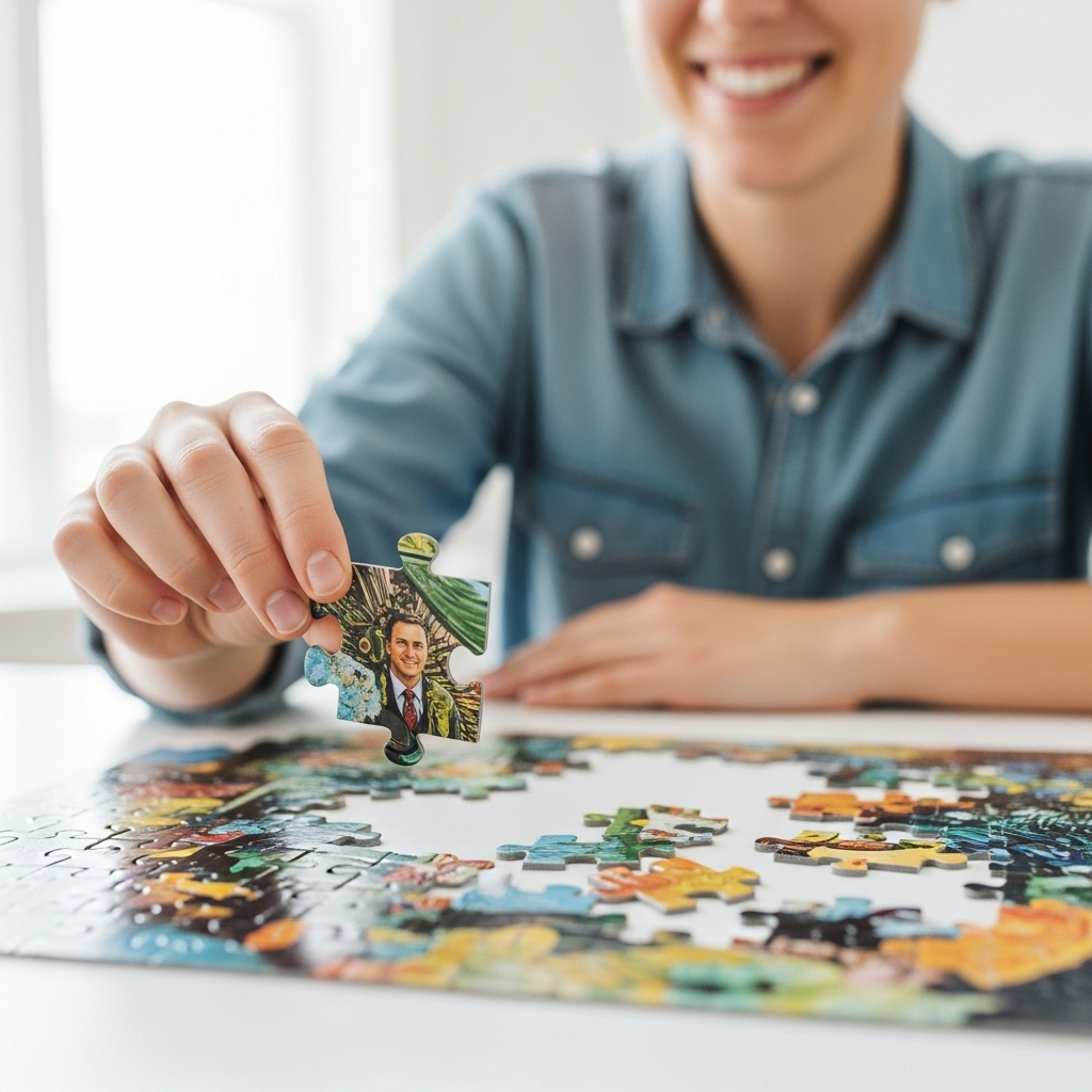 이여반장 A person effortlessly turning over a large, complex-looking puzzle piece with a smile, while a series of smaller, solved puzzle pieces lay neatly arranged in the background. The scene is bright and optimistic, with soft, encouraging lighting. No text in the image.