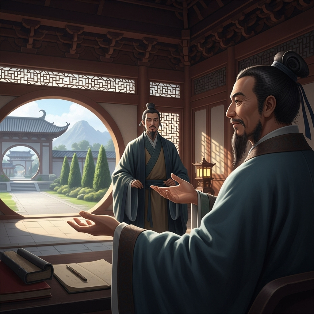 이여반장 An ancient Chinese scholar (Mencius-like figure) teaching students in a traditional setting, with a backdrop of a grand, stable kingdom. The scholar gestures with an open hand, conveying ease and wisdom. No text in the image.