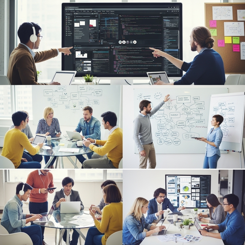 이여반장 A diverse group of professionals from different backgrounds (reflecting various departments like tech, marketing, creative) collaborating seamlessly in a modern, brightly lit office. They are using various digital devices, and some are smiling and gesturing in active discussion. The overall impression is one of harmonious productivity and innovation. No text in the image.
