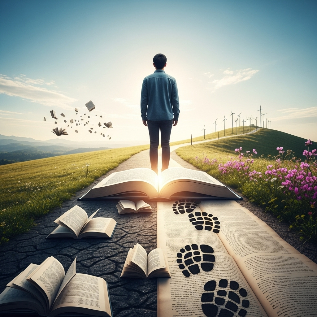 지행합일 A person confidently standing on a path where knowledge (represented by an open book) and action (represented by footsteps) are clearly intertwined and moving forward. The background shows a bright, clear sky and a landscape suggesting progress and achievement, no text.
