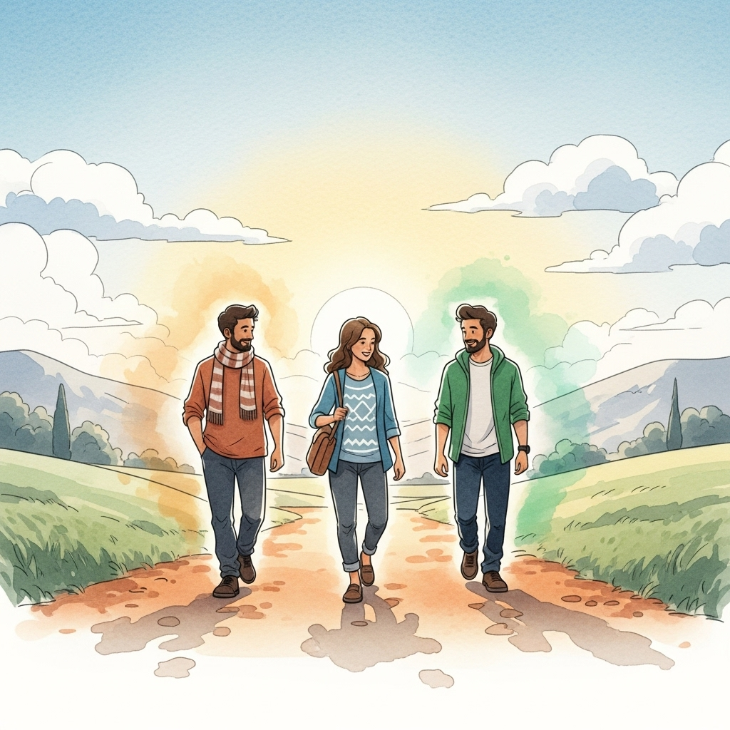 삼인행필유아사 A vibrant, watercolor-style illustration showing three diverse individuals walking together on a path, with subtle glow effects around each person, symbolizing learning and mutual influence. The background is a serene landscape with gentle hills and a clear sky, no text in image.