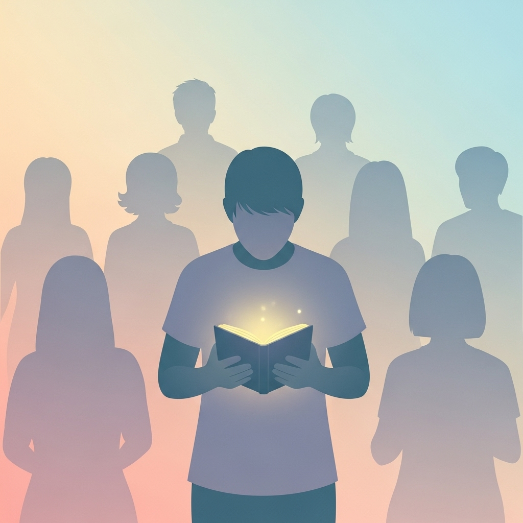 삼인행필유아사 A minimalist illustration of a person holding a small, glowing book, surrounded by faint silhouettes of other people, suggesting learning from a community. The colors are soft and inspiring, no text in image.