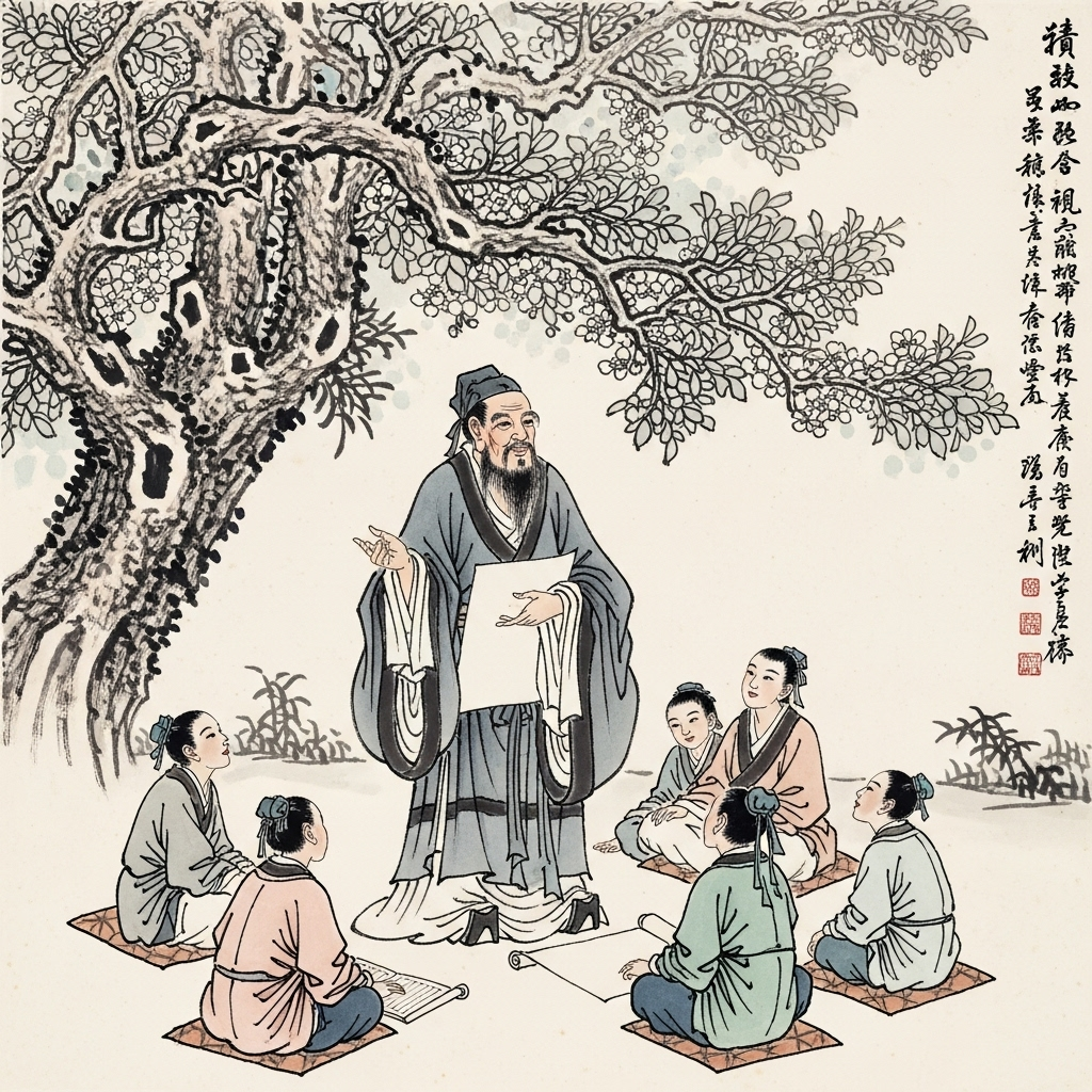 삼인행필유아사 An ancient Chinese scholar (Confucius-like figure) teaching a small group of students under a large, wise-looking tree. The style is traditional Chinese ink wash painting, no text in image.