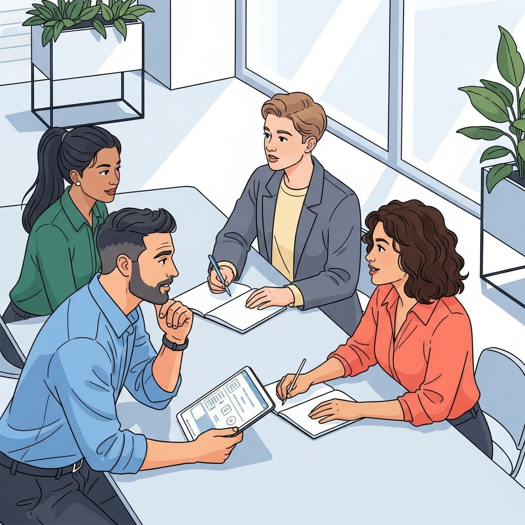 삼인행필유아사 A diverse group of people engaged in conversation and collaboration in a modern, bright office setting. They are sharing ideas and actively listening to each other. The style is modern illustration, no text in image.