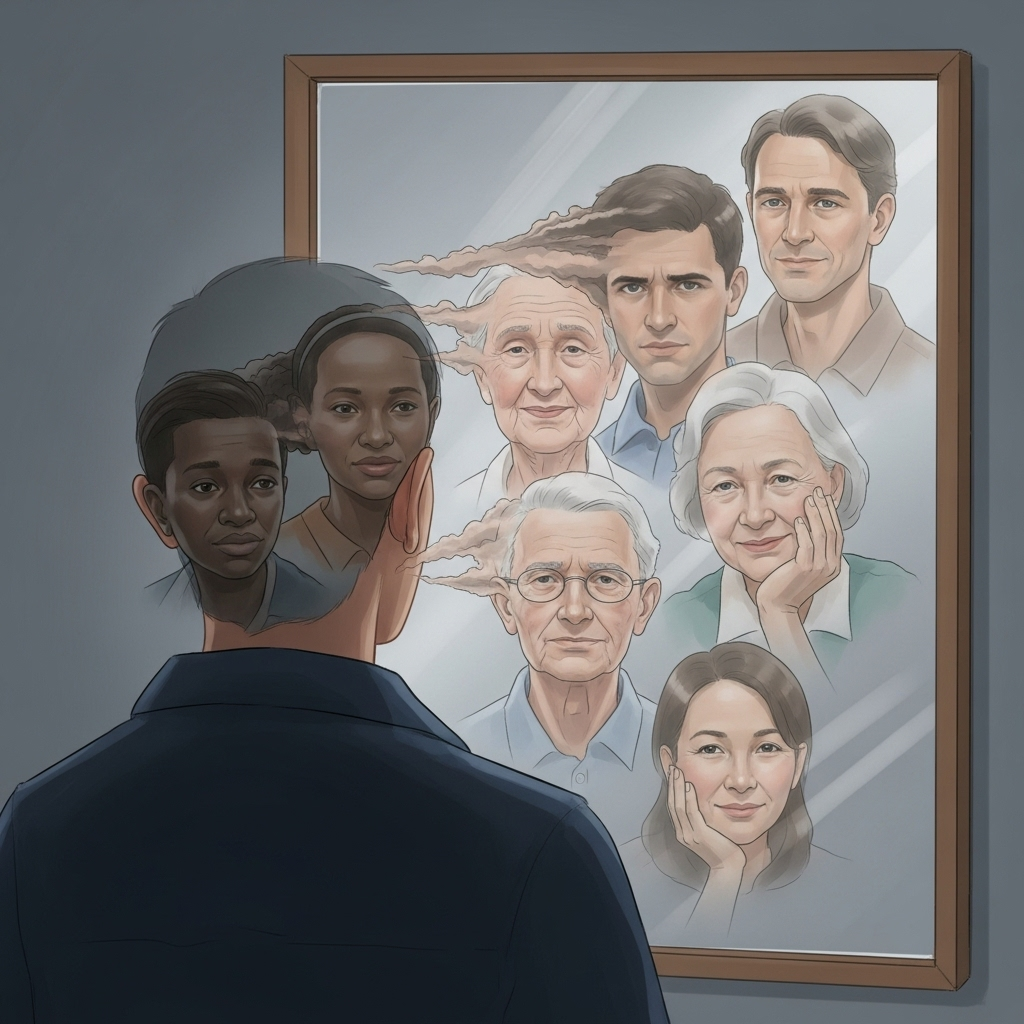 삼인행필유아사 A person looking into a mirror, and instead of their own reflection, they see a subtle, shifting image of various other people, symbolizing self-reflection through others. The artwork is thoughtful and introspective, no text in image.