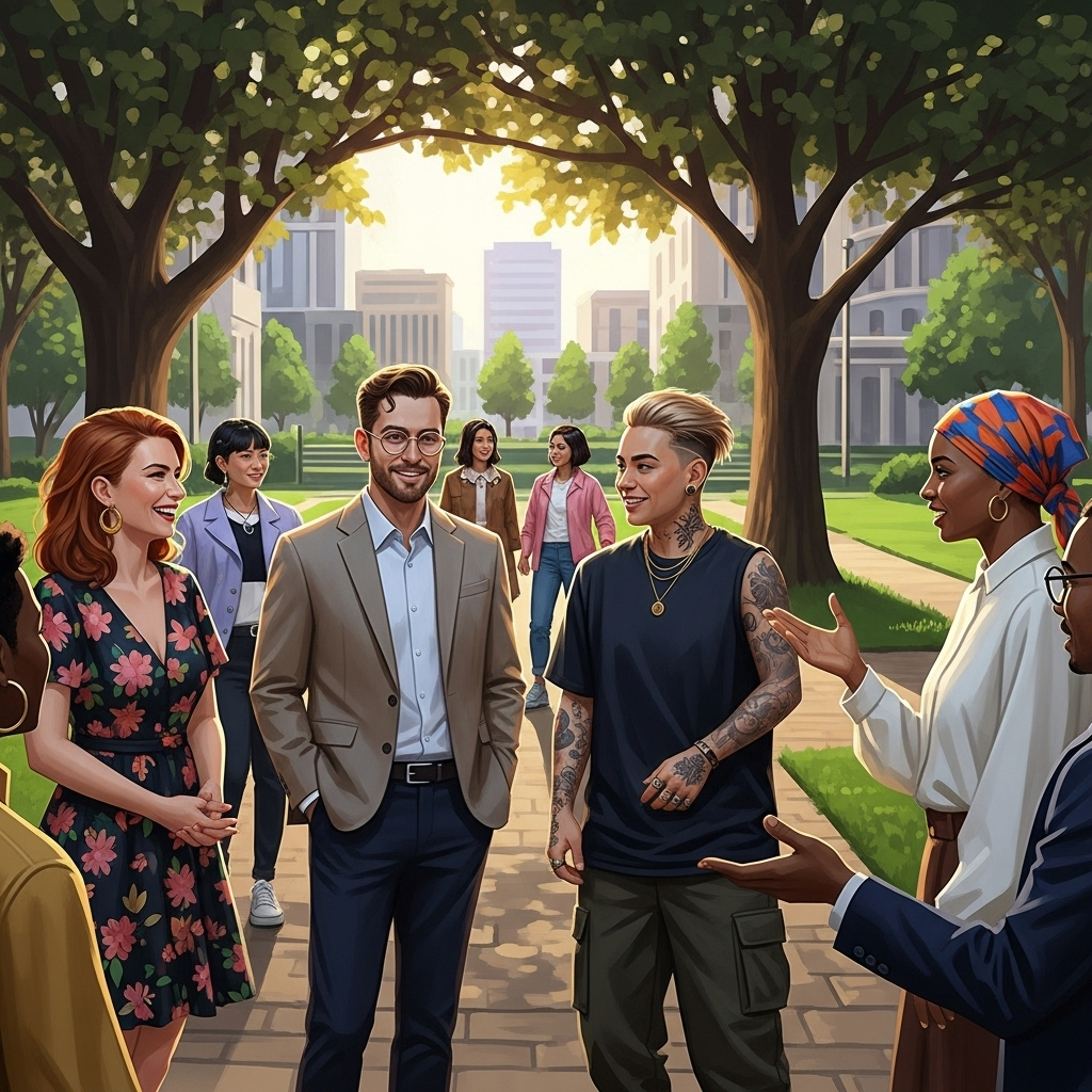 군자화이부동 A digital painting of a diverse group of people from different backgrounds interacting harmoniously in a modern city park. They are smiling, engaged in conversation, but each person retains their unique style and identity. The atmosphere is warm and inviting, with soft sunlight filtering through trees. No text in the image.