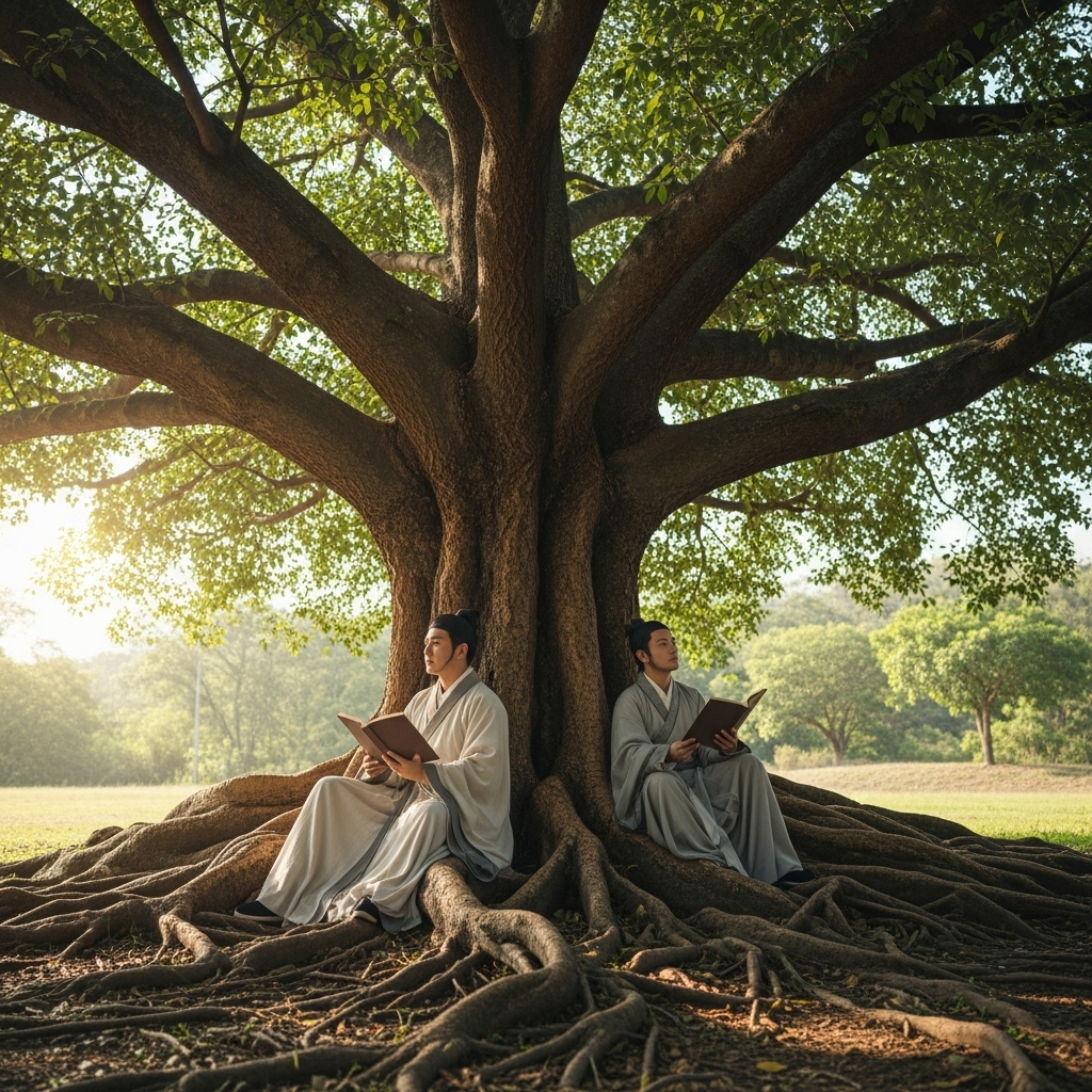 군자무본 A wise, serene scholar in traditional East Asian attire, sitting under a large, old tree with deep roots. The scholar is holding an open book, looking thoughtful. The setting is peaceful and natural, with soft sunlight. No text on the image.