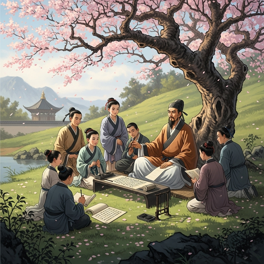 군자무본 An ancient Chinese scroll painting depicting a tranquil scene with a scholar teaching students under a cherry blossom tree. The focus is on learning and tradition, with a calm, respectful atmosphere. No text on the image.