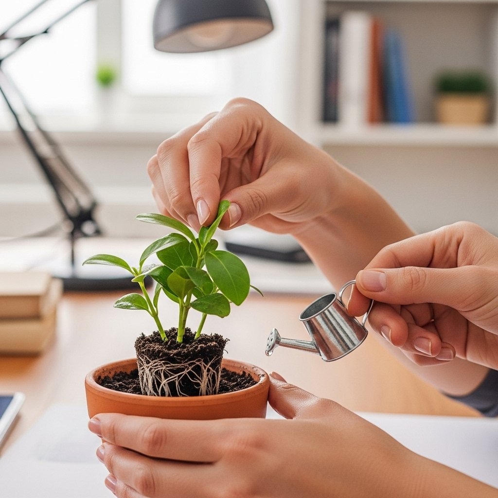 군자무본 A person's hand tending to a small, healthy plant with visible roots in a pot. The background is a blurred, bright office or study setting, suggesting personal growth and care. No text on the image.