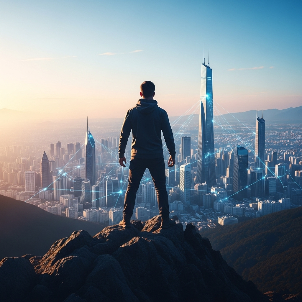 일당백 A confident individual standing on a high mountain peak, looking out over a futuristic, bustling city skyline at sunrise. The person's silhouette is strong, conveying immense capability and leadership. The city below is full of clean, modern architecture with subtle glowing digital lines, suggesting advanced technology and productivity.