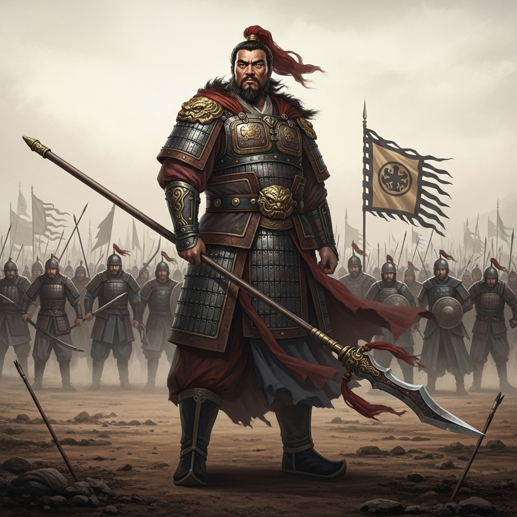 일당백 An ancient Chinese general, possibly Zhang Fei, with a fierce expression, standing defiantly on a battlefield. He is surrounded by a vast number of enemy soldiers, but he holds his ground with a powerful weapon, representing a single individual's strength against many. The scene should convey historical authenticity and a sense of intense combat.