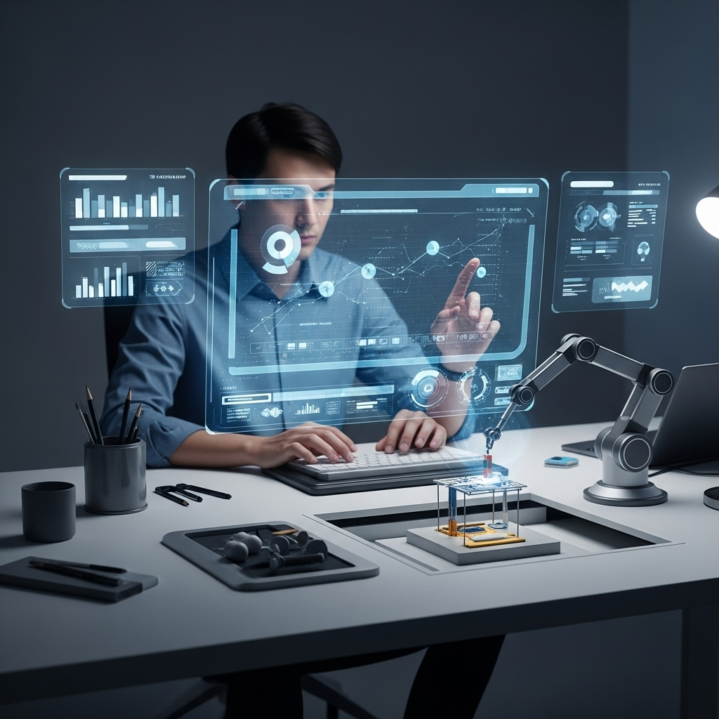 일당백 A highly organized and minimalist futuristic workspace with a person working efficiently on a sleek, transparent digital display. Holographic interfaces float around, showing data and project timelines. A small, elegant robot arm is seen assisting with a minor task on the desk, symbolizing automation. The overall atmosphere is calm, focused, and high-tech, with subtle, soft lighting.
