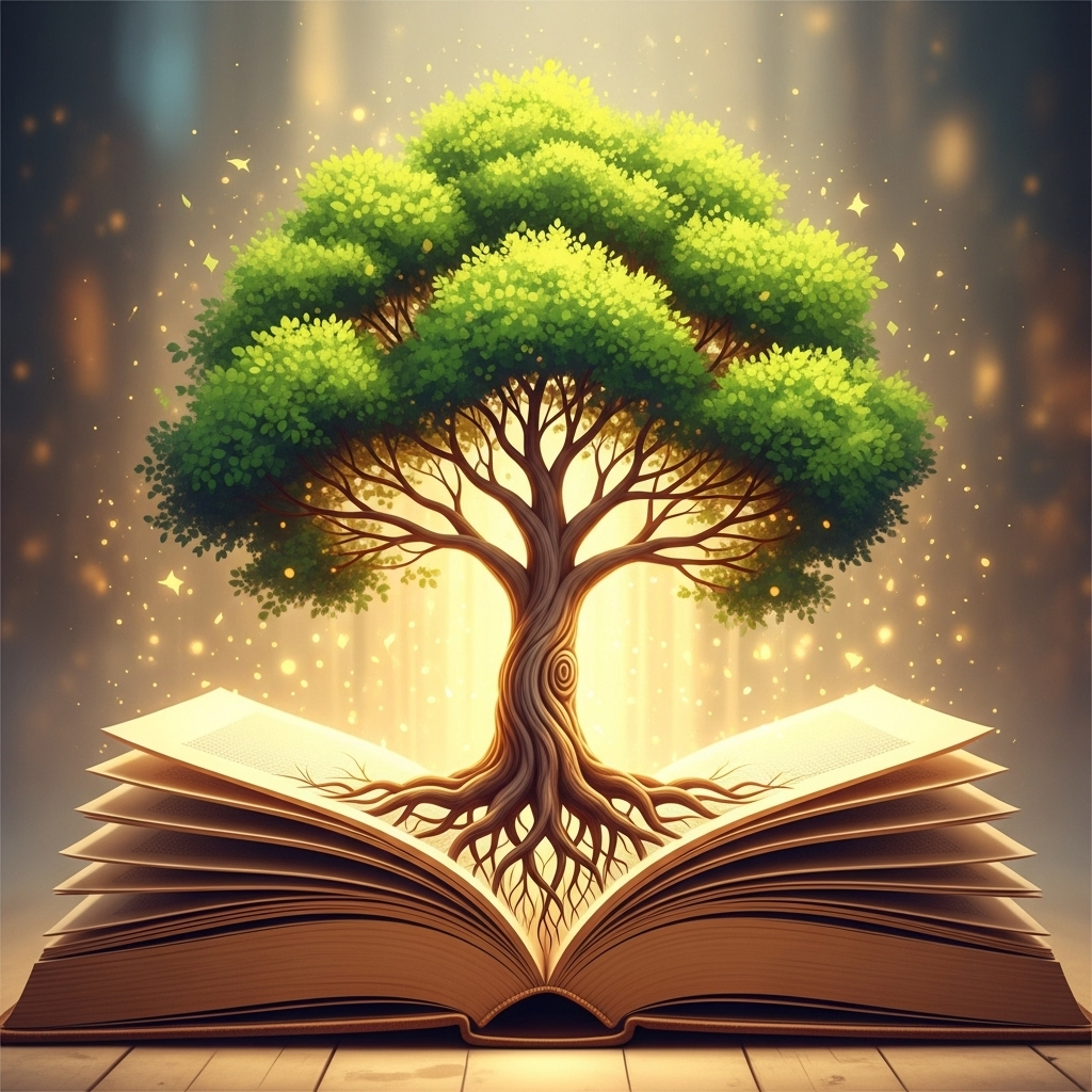 일당백 An open, ancient-looking book radiating bright, warm light. From the pages, a stylized, robust tree grows upwards, its roots deep and strong, and its branches spreading wide, symbolizing knowledge, growth, and continuous learning. The background is softly blurred, emphasizing the book and tree.