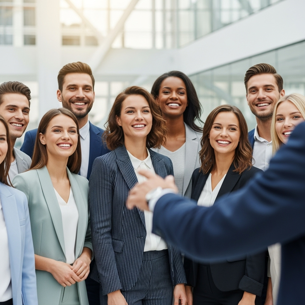 일당백 A diverse group of professionals (men and women of different ethnicities and ages) in modern business attire, looking up with smiles and confidence towards an inspiring, slightly out-of-frame leader. The leader's hand is gently gesturing forward, implying guidance. The background is a bright, optimistic, and slightly blurred office environment, symbolizing a positive and collaborative future.