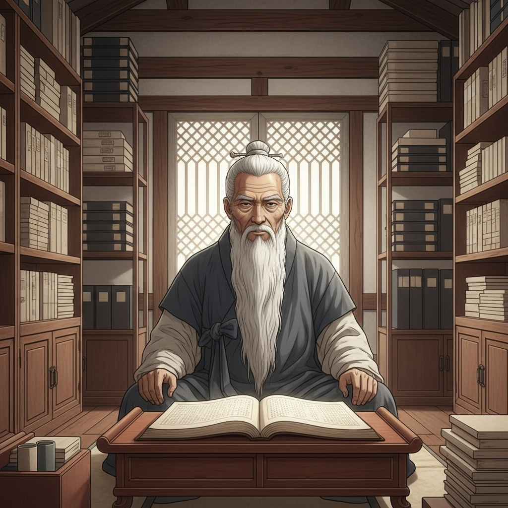백전노장 A wise old man with a long beard, sitting calmly in a traditional Korean study room (seowon), surrounded by ancient books, light filtering through a window, exuding an aura of deep wisdom and experience.
