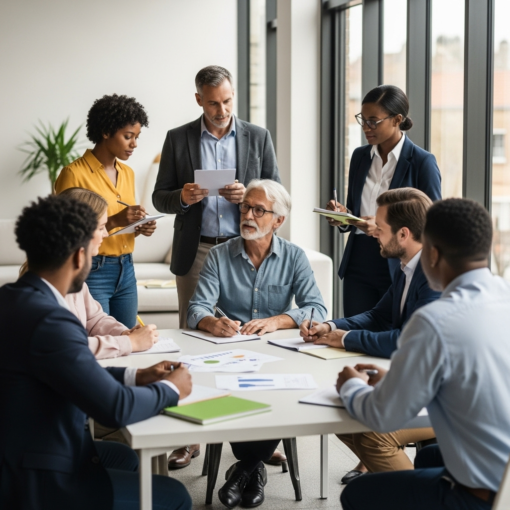백전노장 A diverse group of people of various ages, from young professionals to experienced seniors, engaging in a lively mentorship session in a modern, bright co-working space, with a senior leader offering guidance and wisdom.