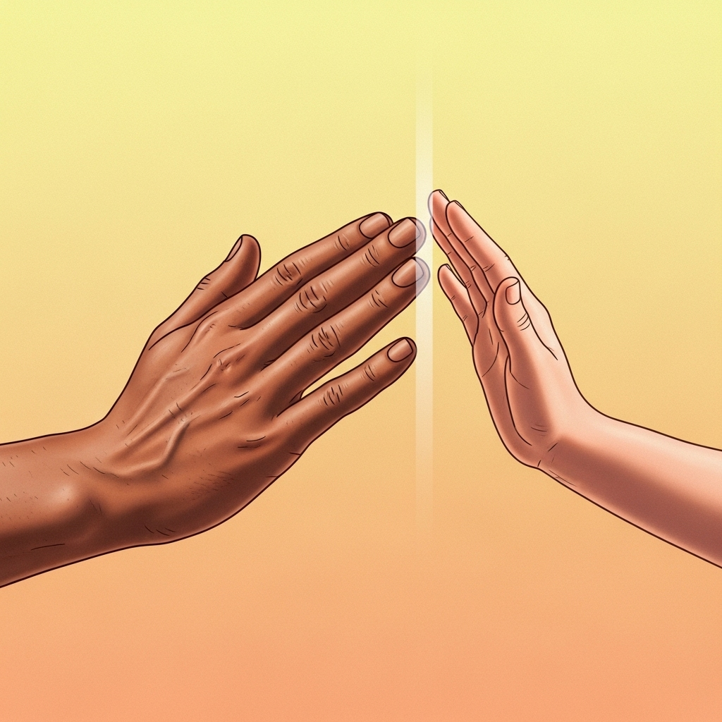 고장난명 A vibrant, detailed illustration of two hands (different in size and color) trying to clap, but one hand is separated from the other by a clear, invisible barrier, symbolizing the difficulty of a single hand clapping. The background is a soft, warm gradient. No text in the image.