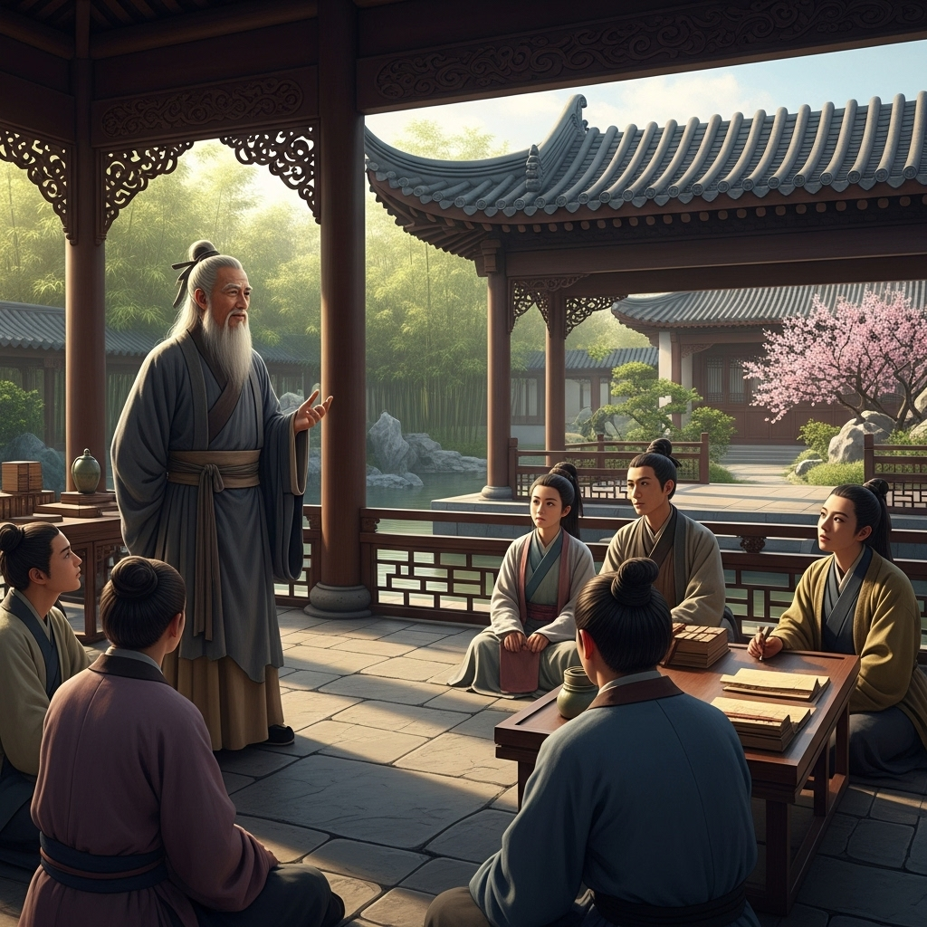고장난명 An ancient Chinese sage, resembling Mozi, standing amidst a group of attentive students in a traditional Chinese study setting. He gestures with both hands as if explaining a concept of cooperation. The image should have a warm, historical feel. No text in the image.