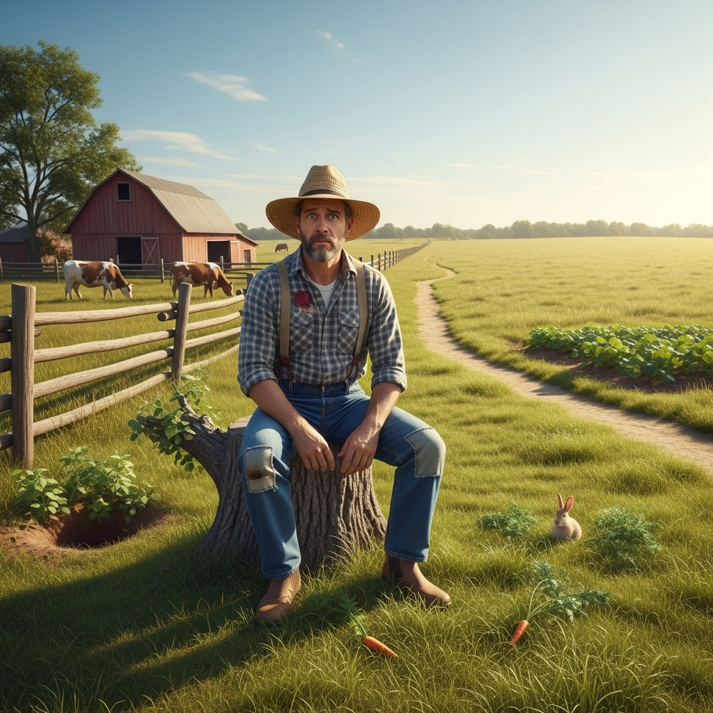 수주대토 A bewildered farmer sitting by a tree stump in a field, looking expectantly into the distance, with an old-fashioned farm setting and a subtle sense of a rabbit having just left the scene. The overall mood is a mix of patience and slight foolishness.