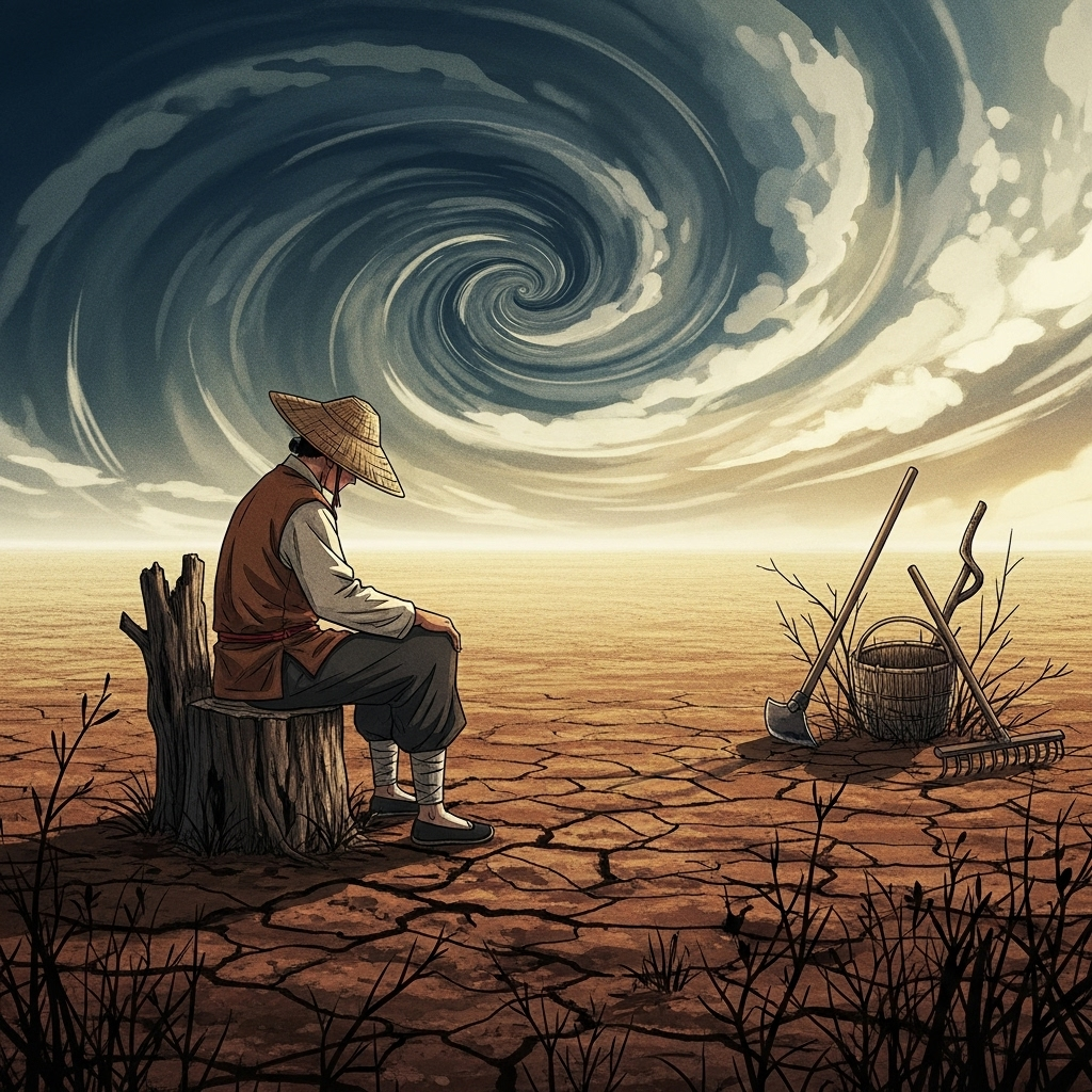 수주대토 A stylized illustration of an ancient Chinese farmer sitting diligently beside a tree stump in an empty field, completely ignoring his tools and the surrounding agricultural tasks. The field looks neglected.