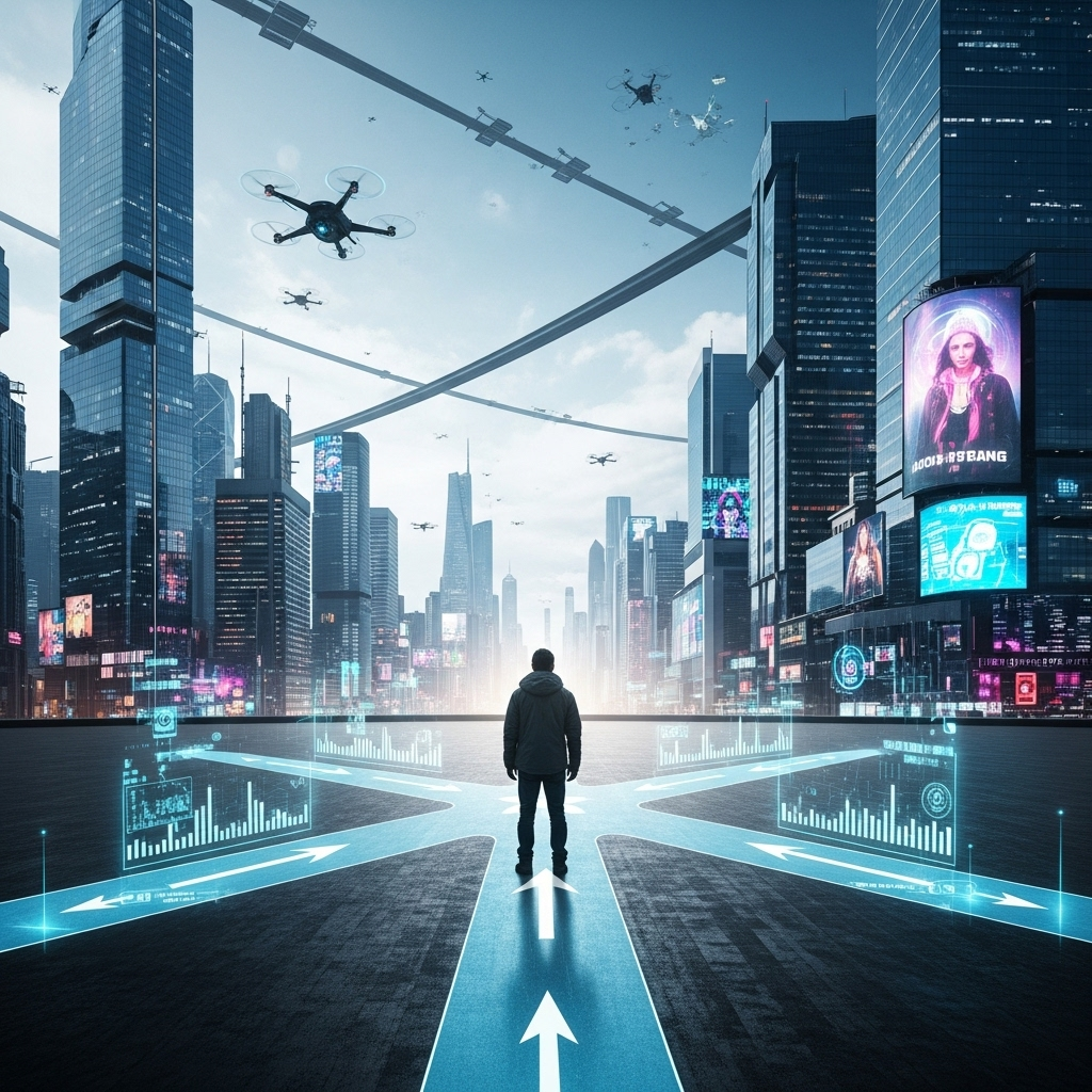 수주대토 A person standing at a crossroads with multiple paths leading to different modern and futuristic cityscapes, symbolizing choices and adaptation in a changing world. The person is looking forward with determination.