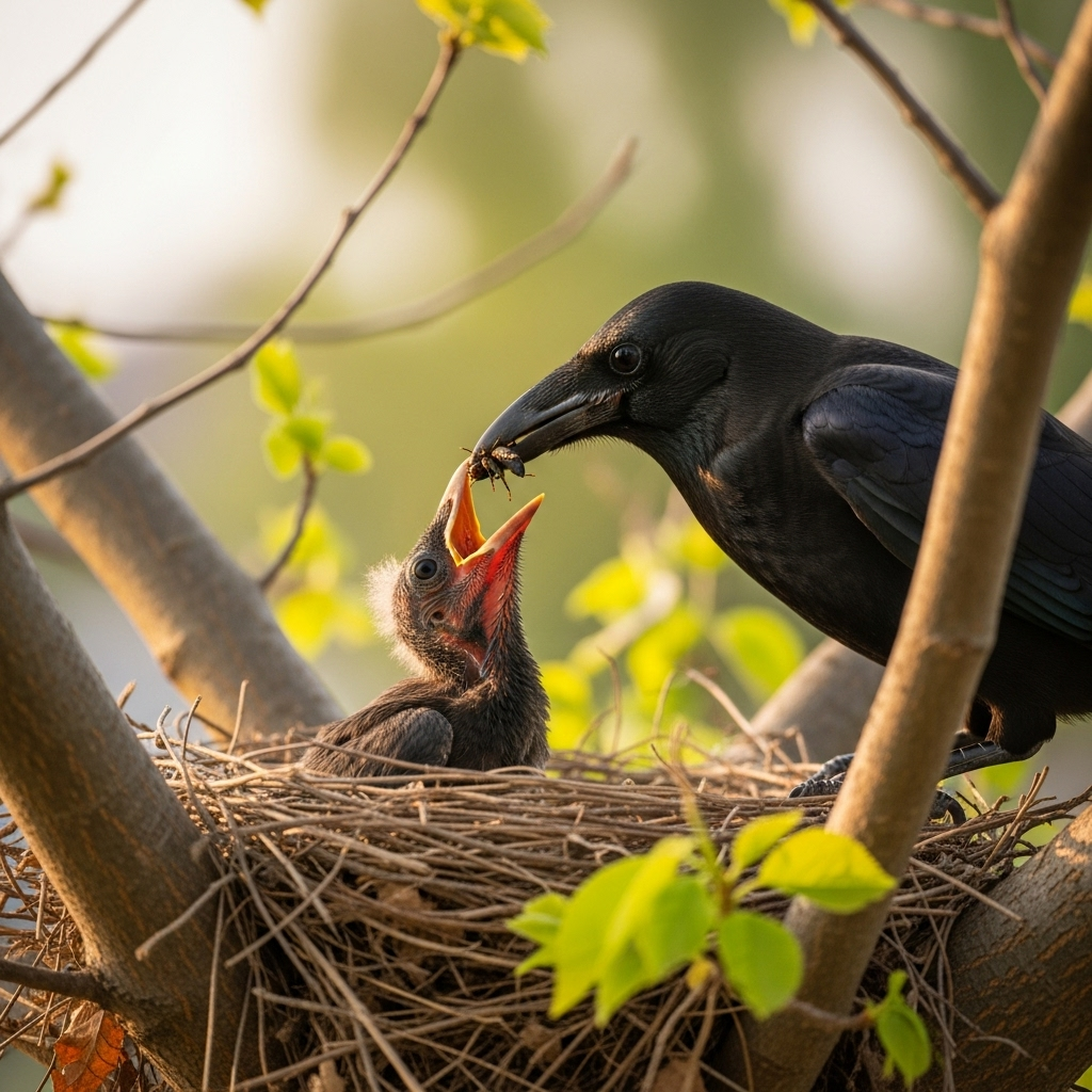 반포지효 A highly detailed, realistic illustration of a baby crow being fed by its parent crow in a nest, with warm, gentle lighting. The setting is natural, showing branches and soft background blur. No text in the image.