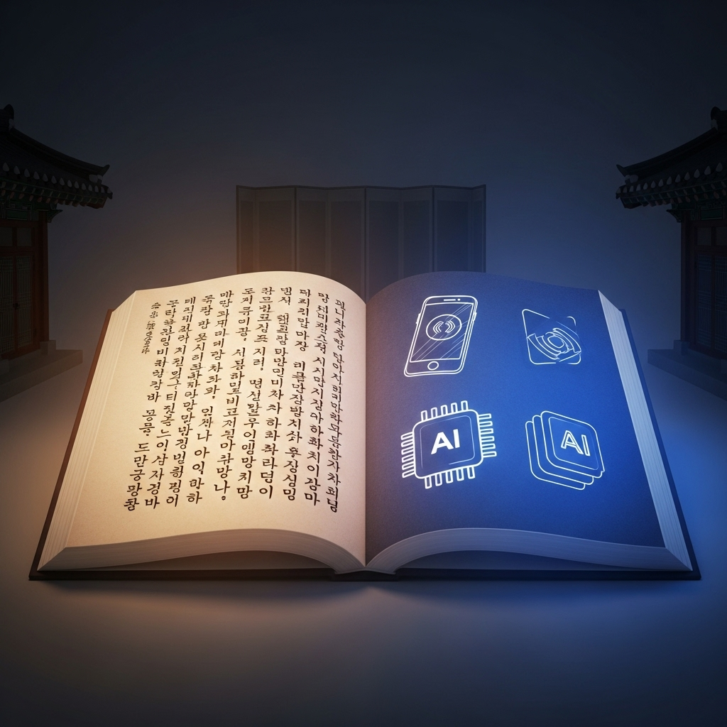 명실상부 A beautifully designed open book with ancient Korean characters on one page and modern tech icons (smartphone, AI chip) on the other, symbolizing the blend of tradition and modernity. The book is glowing softly.