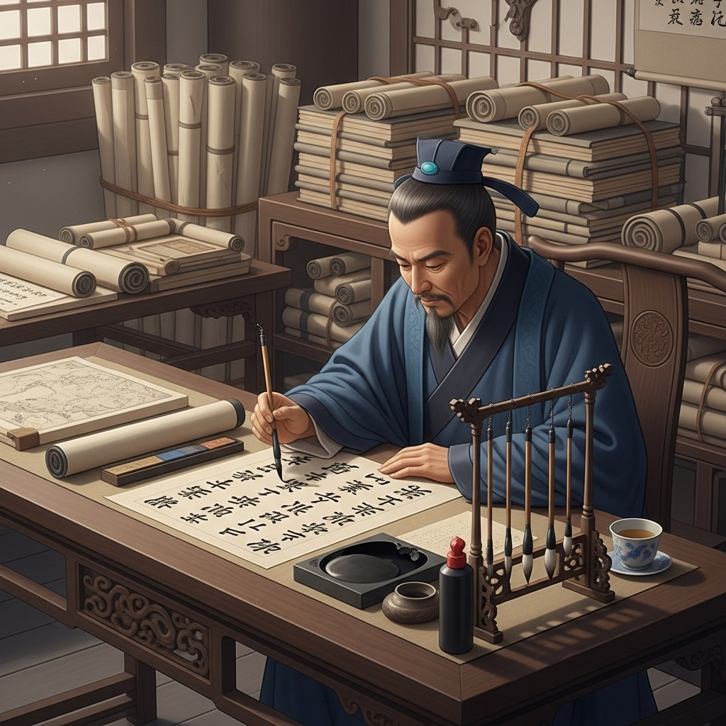 명실상부 An ancient Chinese scholar in traditional robes is seated at a desk, writing with a brush. There are scrolls and books around him, suggesting deep thought and wisdom.