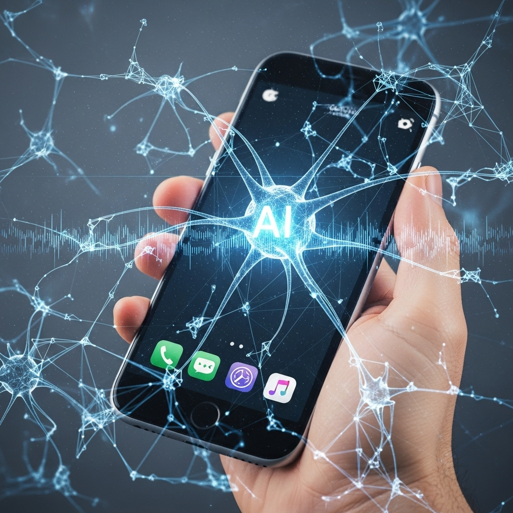 명실상부 A person's hand holding a modern smartphone, displaying a subtle network of glowing AI neural pathways on the screen, symbolizing the integration of technology into daily life.