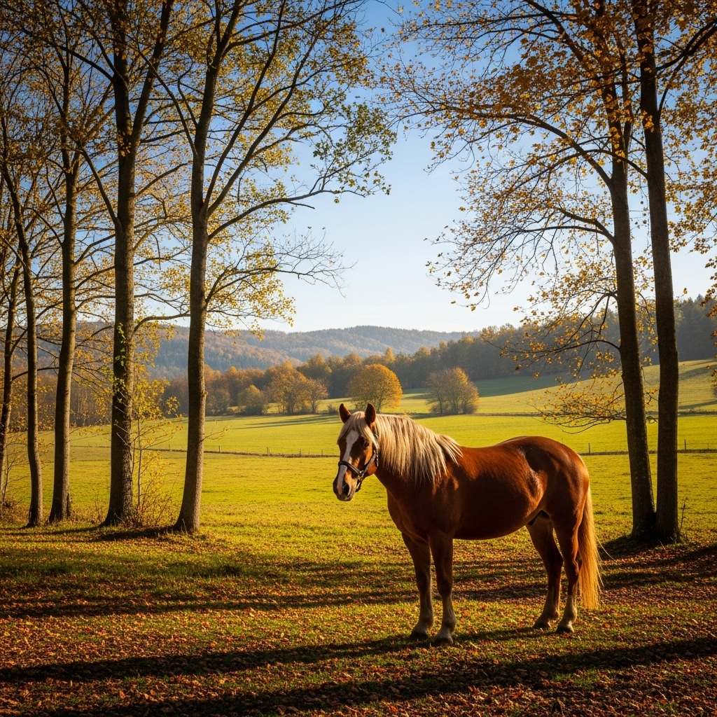 A vibrant autumn landscape with a clear blue sky, golden-brown trees, and a lone horse grazing peacefully in a sunlit field. The scene evokes a sense of calm and abundance. No text on the image.