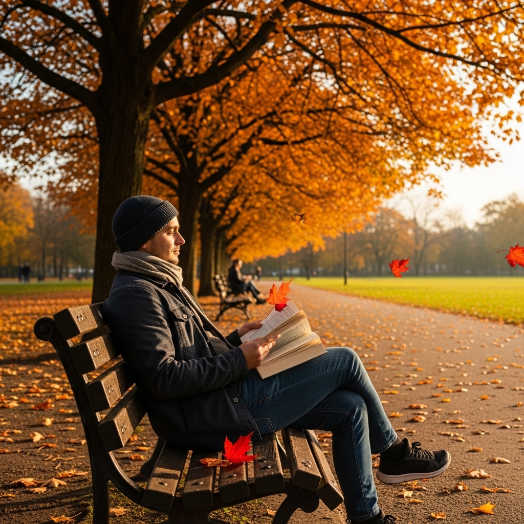 A person is sitting comfortably on a park bench under a large, colorful autumn tree, engrossed in reading a book. Sunlight filters through the leaves, creating a peaceful and contemplative atmosphere. No text on the image.