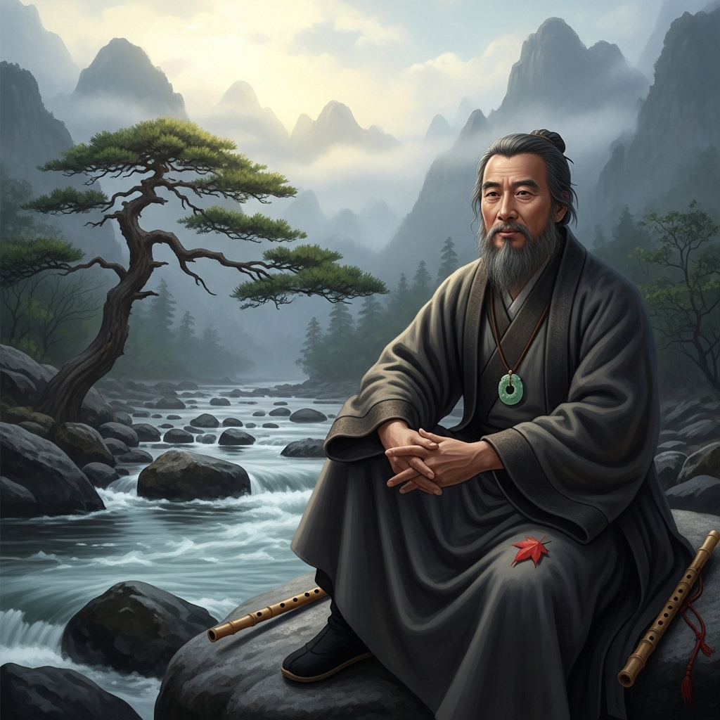 지자요수 인자요산 An ancient Chinese scholar, resembling Confucius, sitting contemplatively by a flowing river with mountains in the background, deep in thought, surrounded by natural elements. The scene is calm and wise. No text.