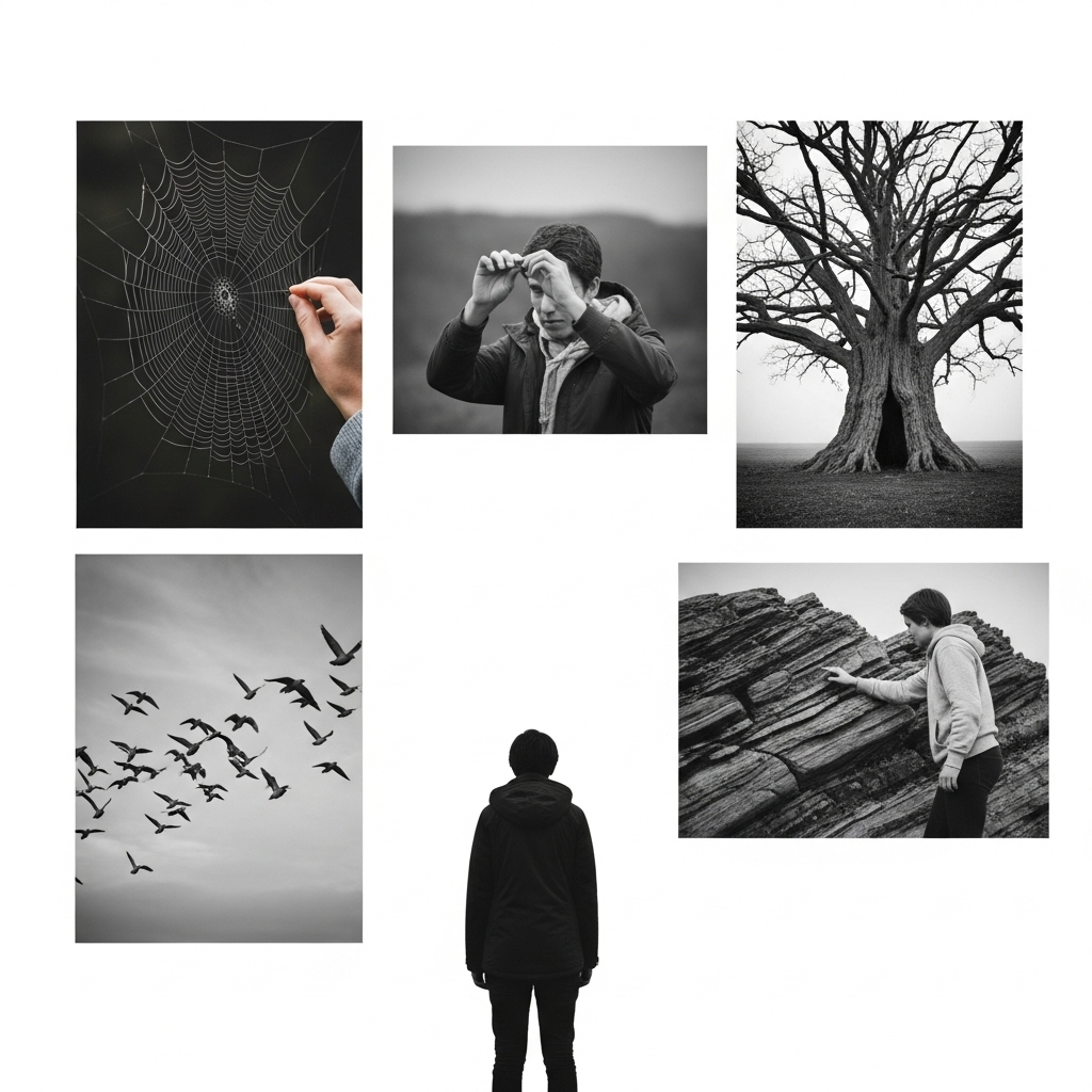 지자요수 인자요산 A modern person sitting by a calm lake or river, looking thoughtfully at the water, which reflects the clear sky. The person appears reflective and at peace, embodying the concept of wisdom in observing nature. No text.