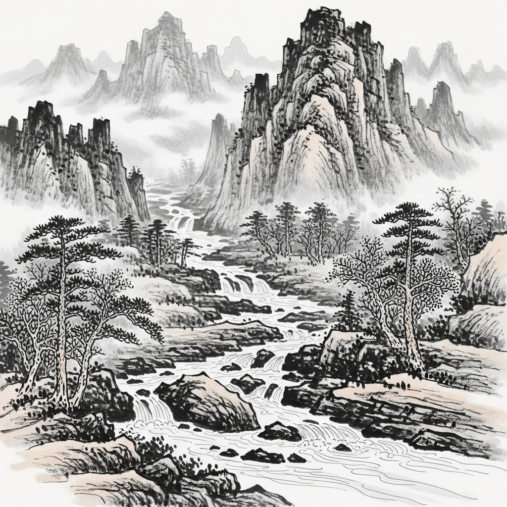 요산요수 A serene mountain landscape with flowing streams, featuring tall peaks covered in mist and crystal clear water cascading through rocks, painted in traditional East Asian ink wash style with soft brushstrokes