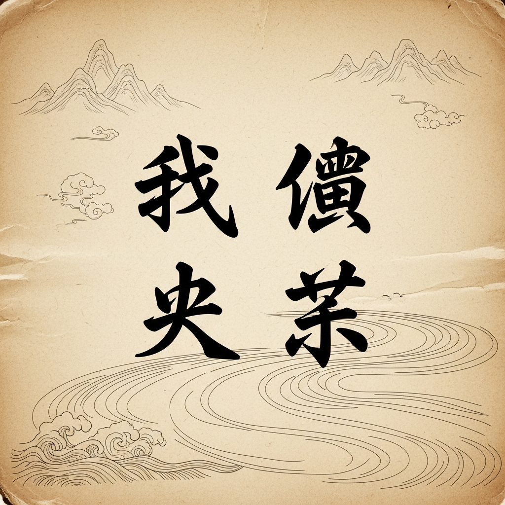요산요수 Traditional Chinese calligraphy showing the four characters of the idiom with elegant brushwork on aged paper, accompanied by small illustrations of mountains and water