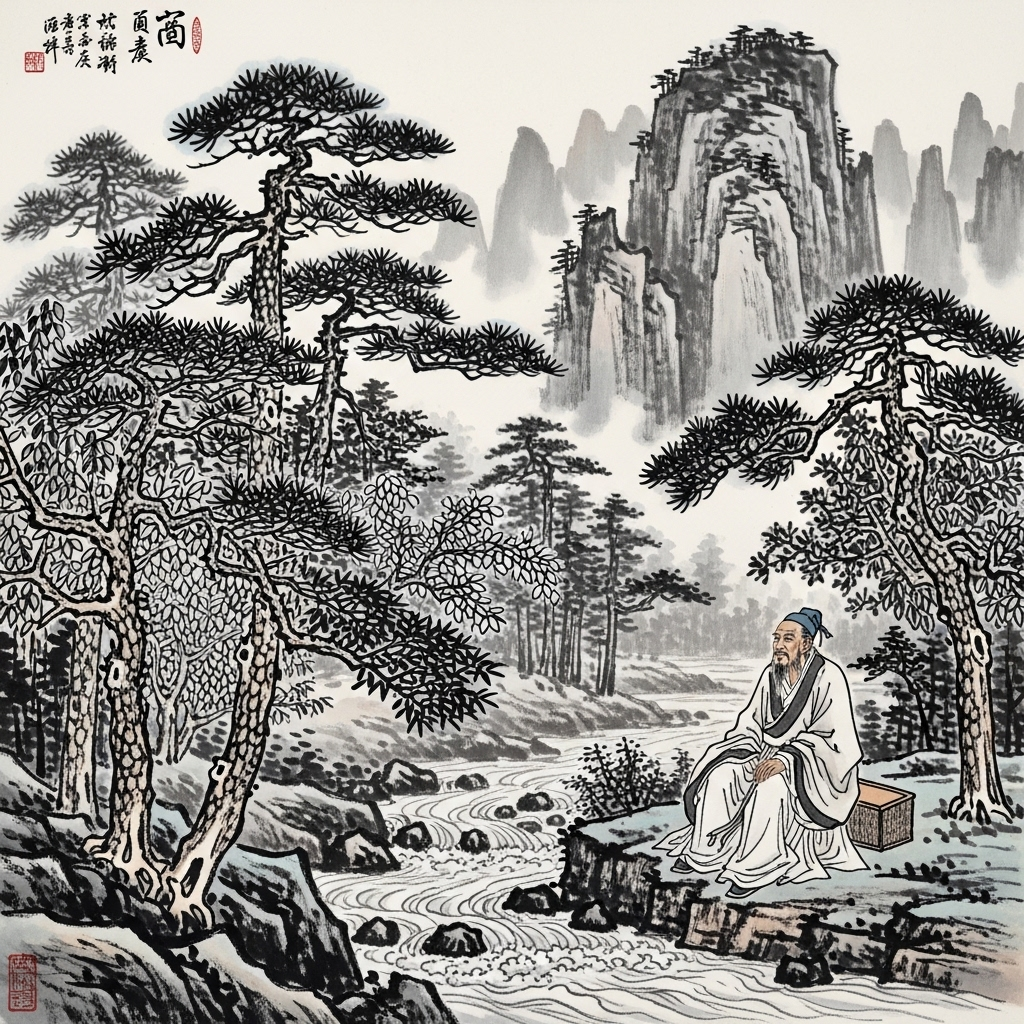 요산요수 An ancient Chinese scholar in traditional robes contemplating beside a mountain stream, with pine trees and rocky cliffs in the background, rendered in classical ink painting style