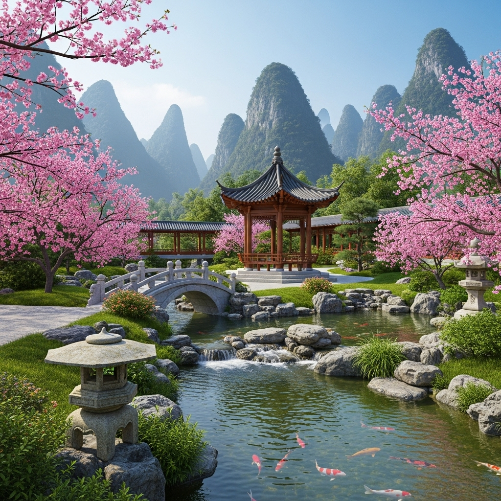 요산요수 A peaceful garden scene with a traditional pavilion overlooking both mountains and a flowing stream, showing the harmony between solid mountain and fluid water elements