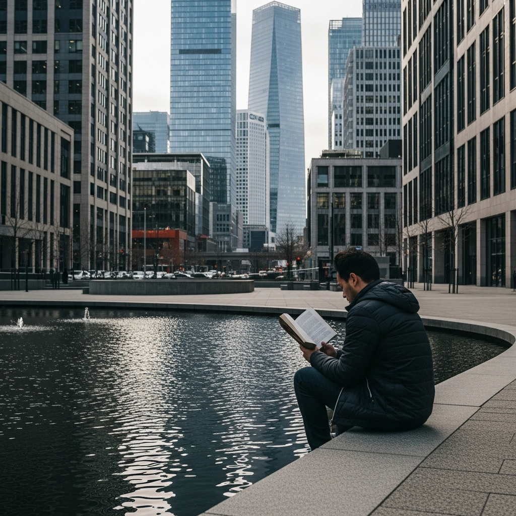요산요수 A modern person sitting peacefully by a small urban stream or pond, reading a book with city buildings in the background, representing the application of ancient wisdom in contemporary life