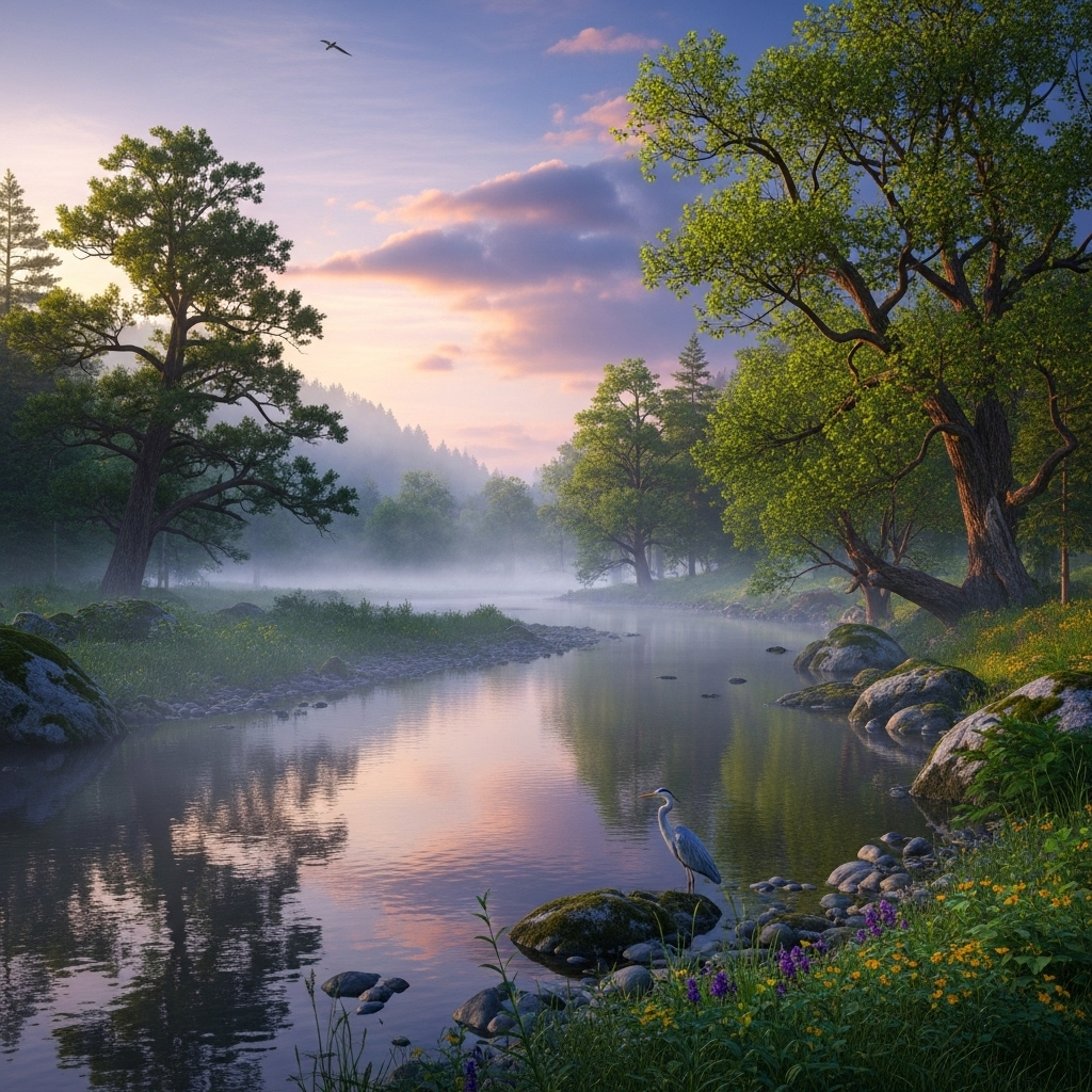상선약수 A serene landscape with a gently flowing river, reflecting the sky at dawn, with lush green trees on the banks. No text.